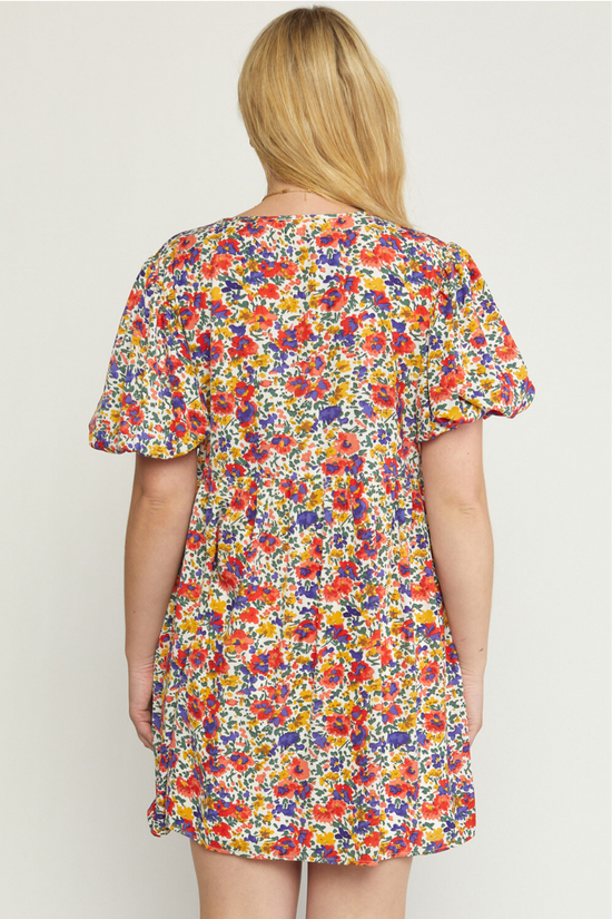 Plus Multicolor Floral Bubble Sleeve Dress