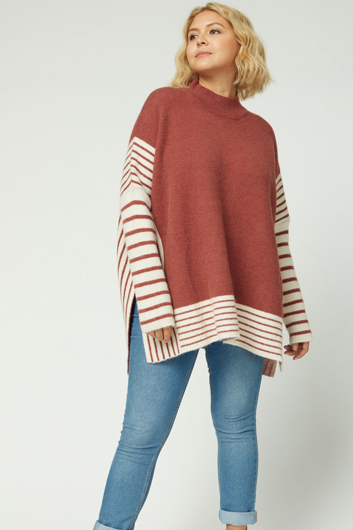 Plus Marsala Striped Poncho Sweater