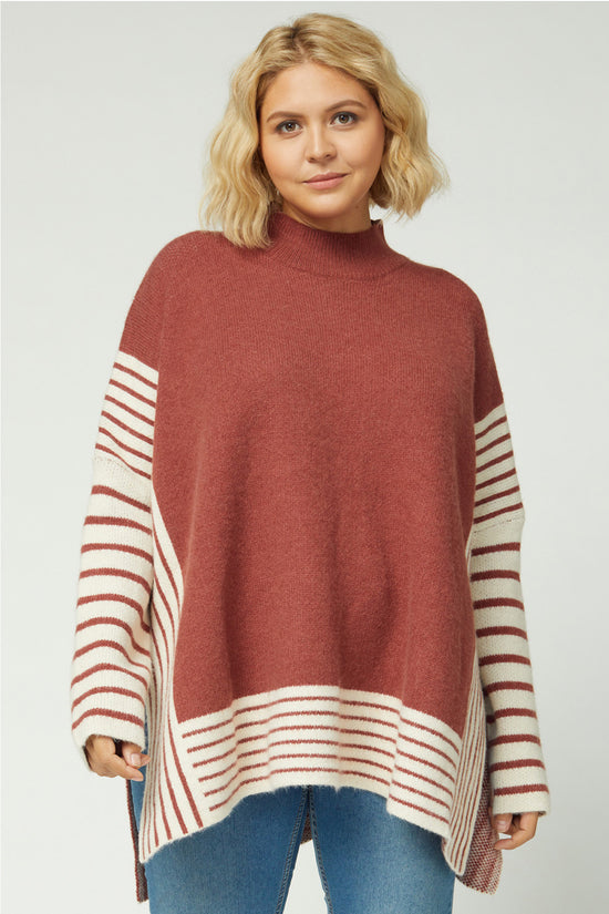 Plus Marsala Striped Poncho Sweater