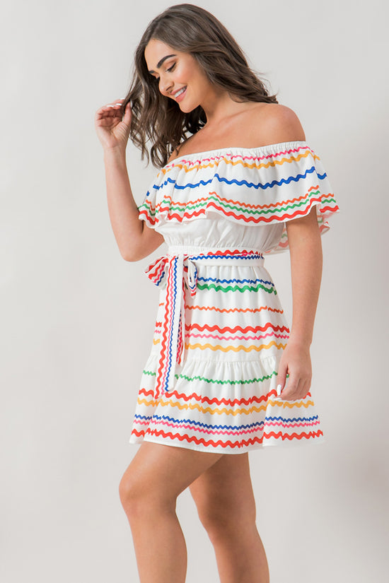 Load image into Gallery viewer, Ric Rac Printed Off Shoulder Dress
