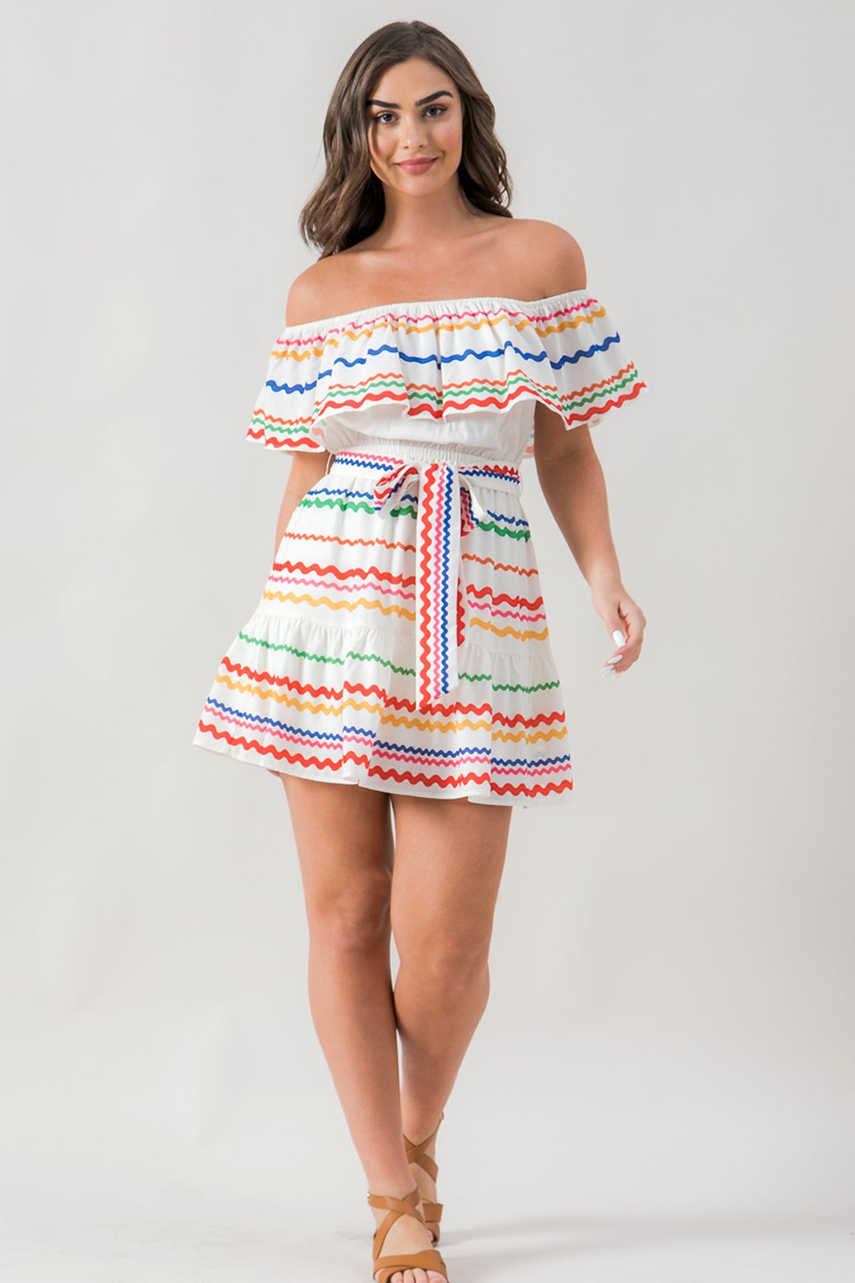 Load image into Gallery viewer, Ric Rac Printed Off Shoulder Dress
